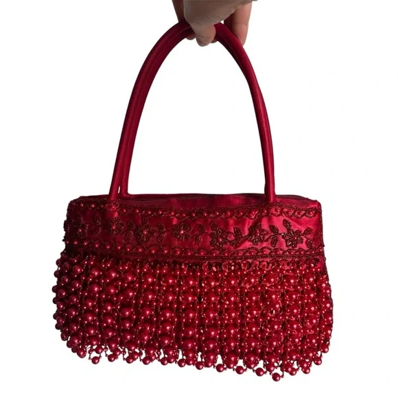Vintage Red Beaded Evening Bag | Beaded Fringe Statement Purse - Picture 5 of 16